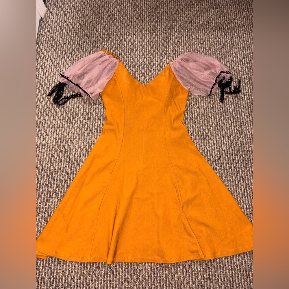 Elegant Orange Dress with Purple Sleeves